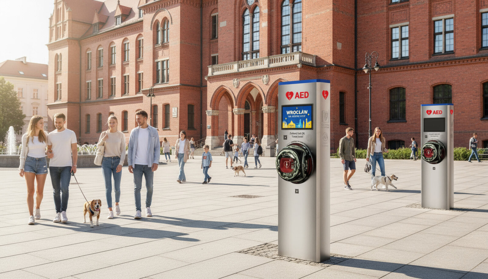 Dwa Tower of Life przed budynkiem uniwersytetu, studenci spacerujący
