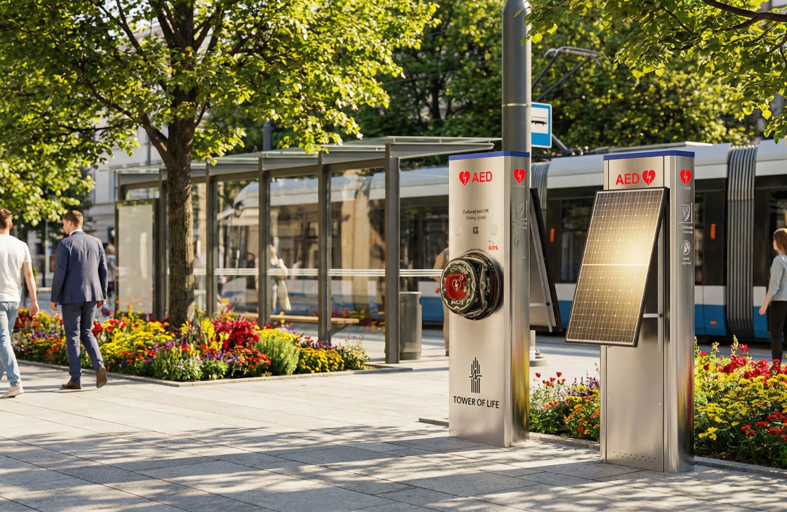 Tower of Life z fotowoltaiką przy przystanku tramwajowym