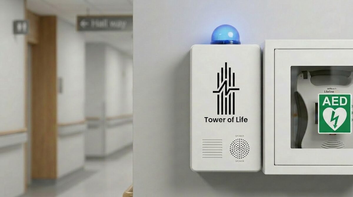 Tower of Life CONNECT — moduł alarmowy Tower of Life obok istniejącej szafki AED
